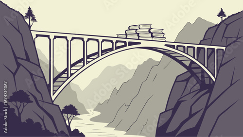 Book Bridge Between Mountains – Vector Illustration of Logical Knowledge as Pathway Artwork
