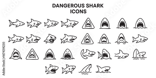 set of contour vector icons of a dangerous shark Vector on a gray background