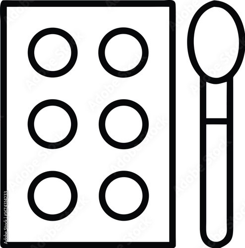 Vector art of simple line art icon of an eyeshadow palette with six circular pans and an applicator brush