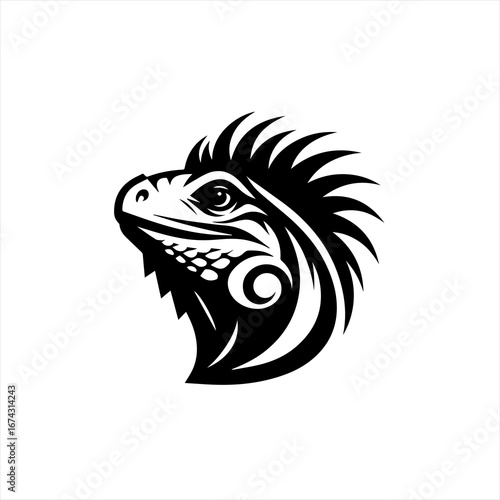 Stylized black and white iguana head emblem