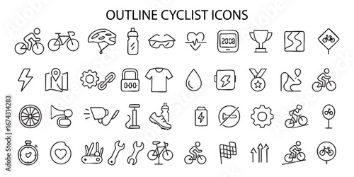 a set of 40 outline icons related to cycling. 