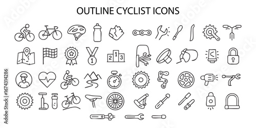 A set of line icons titled “OUTLINE CYCLIST ICONS.” The set includes 30 icons depicting bicycles, cyclists, helmets, and repair tools.