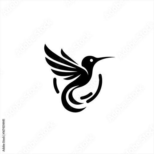 Stylized black hummingbird logo with wings spread and tail feathers