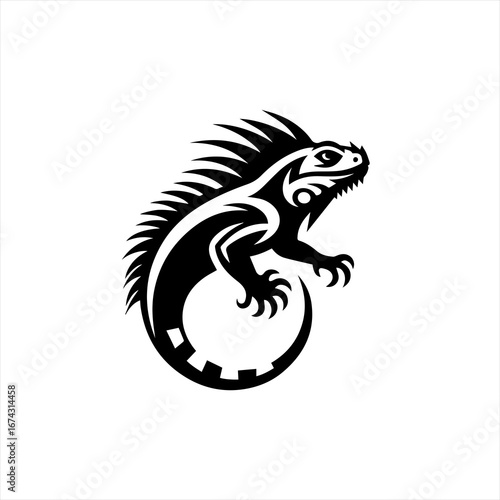 Black tribal iguana illustration with a curled tail