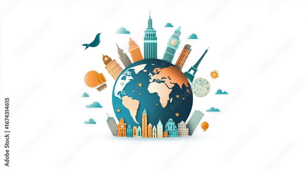 Naklejka premium Explore iconic landmarks around the globe with a colorful world illustration showcasing famous buildings.