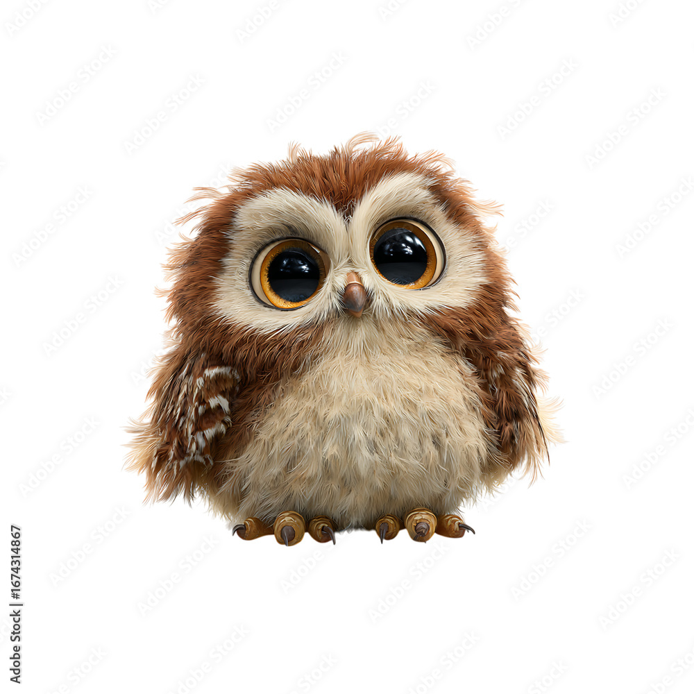 Naklejka premium Adorable fluffy cartoon owl with huge expressive eyes, perfect for children's books, whimsical designs, and cute branding projects.
