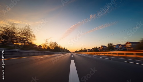 Highway Journey at Dusk A Long Road Ahead Under a Colorful Sky with Trees and Homes Passing By