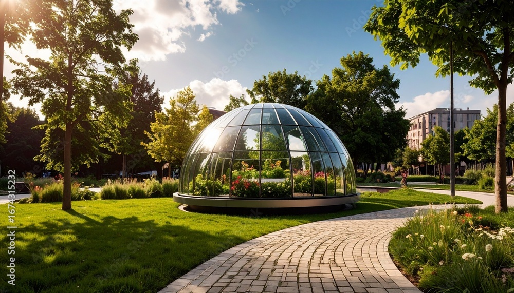 Fototapeta premium Modern Glass Greenhouse in a Lush City Park