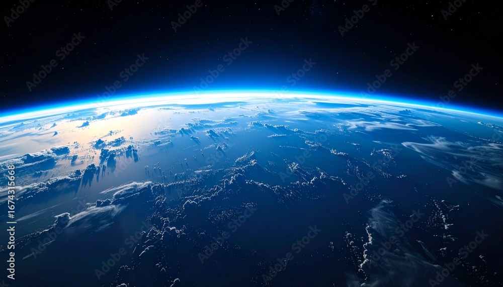 Fototapeta premium Stunning View of Earth from Space: Blue Planet with Clouds, and Starry Sky