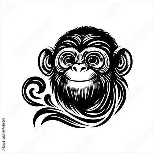 Stylized black and white monkey face with swirls