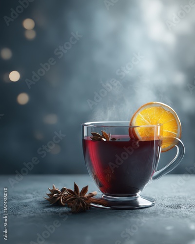 Steaming mulled wine, orange slice, spices, dark background, cozy winter scene, festive drink