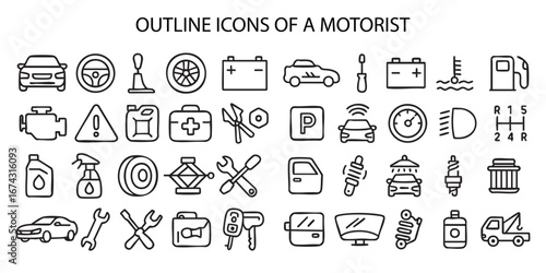 a set of outline icons related to motorists and vehicles. All icons are made in black and white with thin lines.