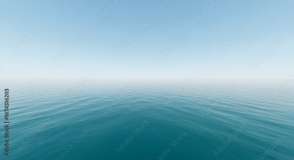 Obraz premium Expansive seascape featuring a tranquil turquoise ocean merging seamlessly with a serene, pale blue sky, evoking feelings of calm and vastness where the horizon line vanishes into the atmosphere