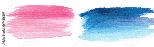 Two abstract watercolor paint splotches, one pink and one blue, with soft color gradients and rough edges
