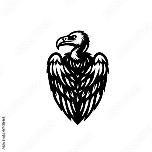 Stylized black vulture bird emblem on white background