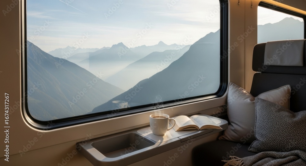 Fototapeta premium Scenic mountain view from a train window with a book and coffee on the table