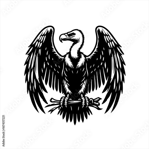 Black and white illustration of a vulture perched on a branch with wings spread