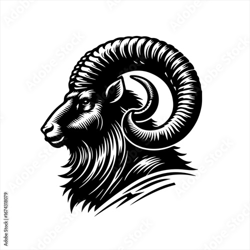 Stylized black and white ram head with large horns