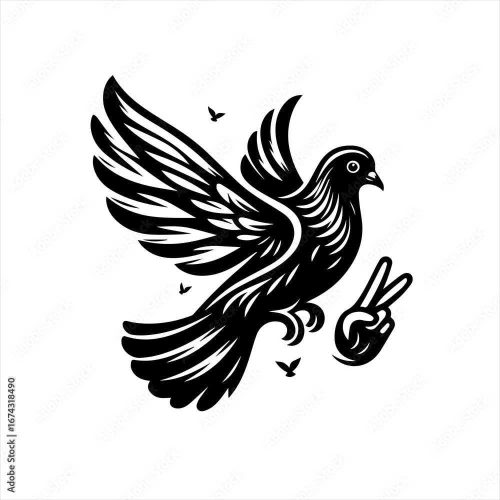Obraz premium Stylized black dove with wings spread and peace sign