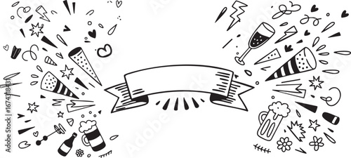Celebrate with festive doodles, confetti, drinks, and a blank banner for your message!