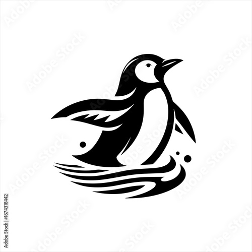 Stylized black and white penguin illustration in water