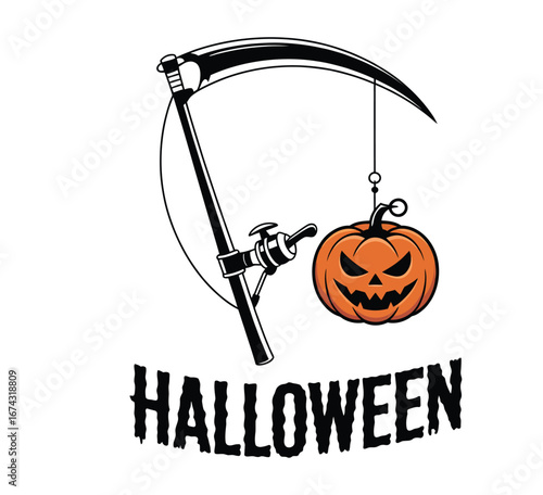 Fishing rod shaped like a scythe with pumpkin lure halloween t shirt design vector isolated black and white