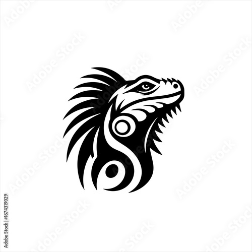 Tribal iguana head logo design in black and white