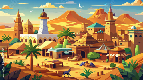 Agadez, Niger, a historic Sahel town with sun-dried clay walls, lively camel markets, and the iconic minaret of the mosque rising proudly above its desert skyline.