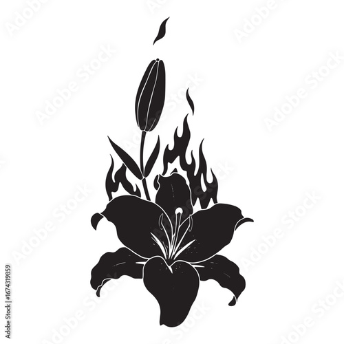A striking black silhouette of a blooming lily flower engulfed in flames, symbolizing passion, transformation, and intense beauty in a dramatic design
