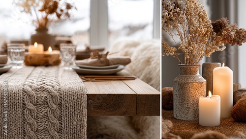 Close-up of rustic knit table runner with autumn tones, candles, and dried flowers for cozy dining decor