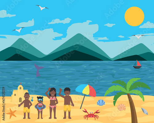 Summer Beach Landscape Illustration Art - Happy Black Family in a Beautiful Sunny Beach with Blue Sky.