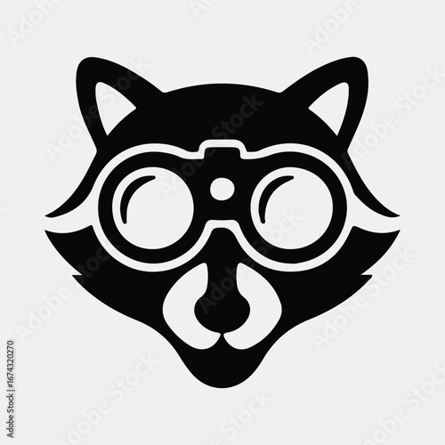 Silhouette raccoon with binoculars spying watching vector illustration