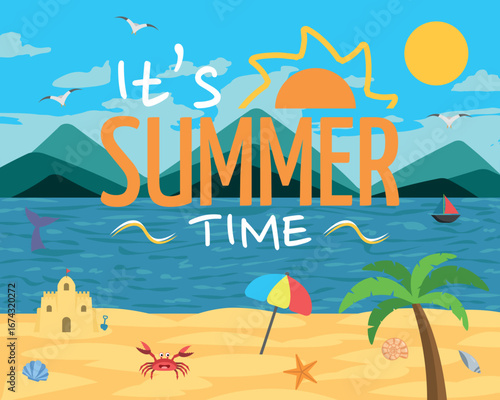 It's Summer Time Logo on Beach Landscape Illustration Art - Beautiful Sunny Beach with Blue Sky. Coconut Tree, Crab, Sand Castle, Shells, Dolphin and more.