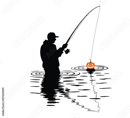 Silhouette of fisherman casting line into haunted lake with glowing pumpkin bobber vector isolated on white background