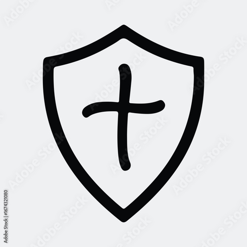 Silhouette shield with a cross religious faith symbol vector illustration