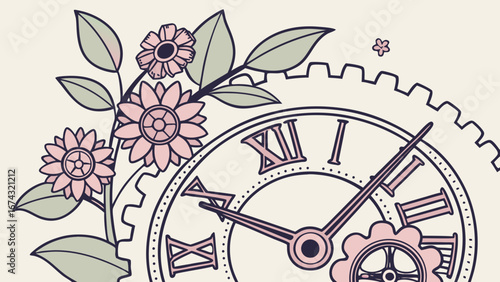 Clock of Gears and Flowers – Vector Illustration of Logical Time and Nature Harmony  Artwork
