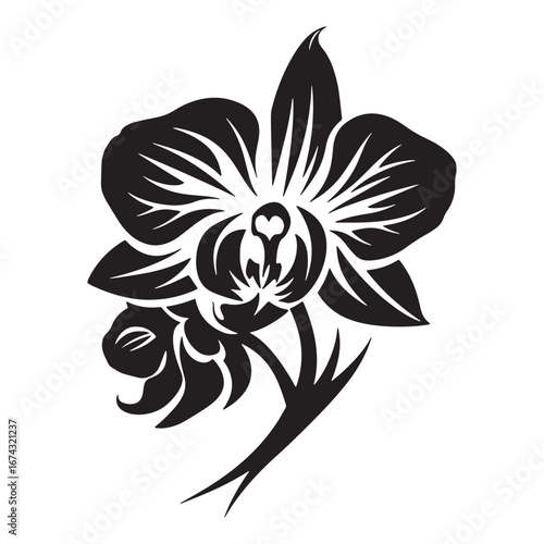 Stylized black orchid flower graphic icon. Beautiful exotic floral vector illustration, isolated botanical decorative design element for creative projects