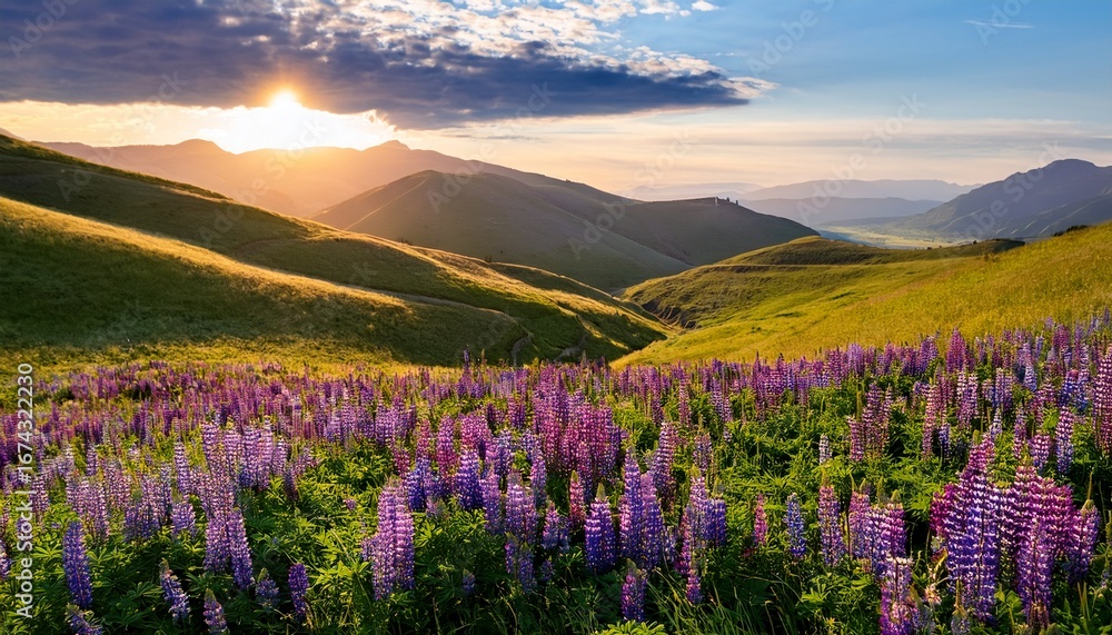 Fototapeta premium wild lupine flowers scattered among rolling hills