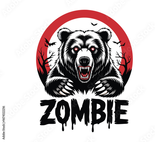Zombie grizzly bear with dripping claws and scary moon background vector isolated on white background