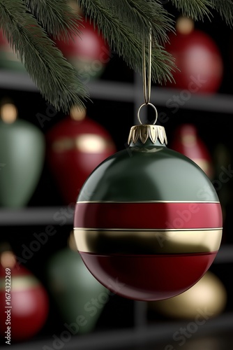 Close-up of a decorative green and red Christmas ornament with gold accents.