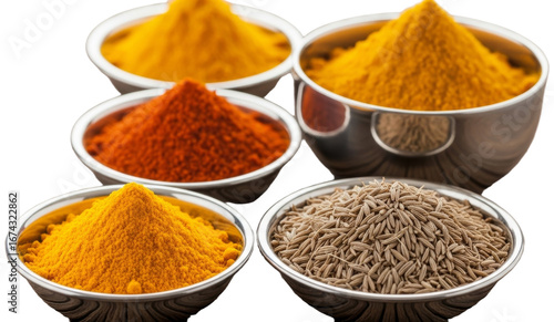 Fototapeta Naklejka Na Ścianę i Meble -  Various spices in metal bowls on a wooden surface, transparent background png