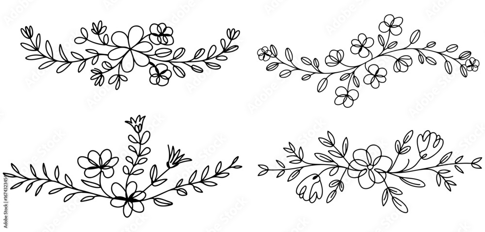 Obraz premium floral flowers with leveas for frame, broder, leaf, branch, lineart, silhouette