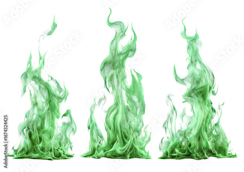 Three vibrant, isolated green flames against a black background