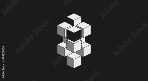 Abstract geometric composition of white cubes with a black cube center.