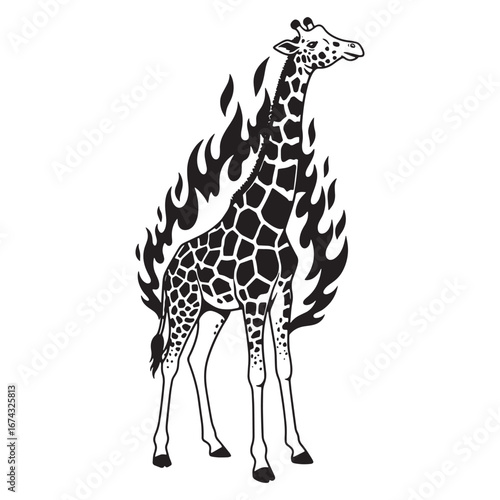 Black and white vector illustration of a majestic giraffe standing tall while engulfed in dramatic flames. A powerful graphic design for a tattoo or logo