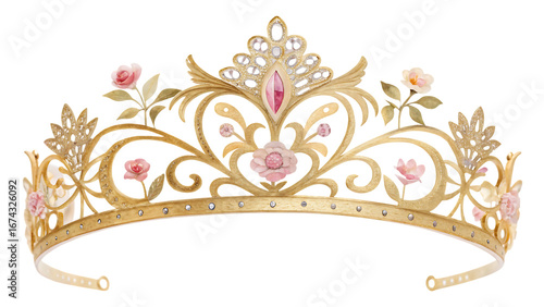 Golden tiara in watercolor style cut out isolated on white background PNG. AI GENERATED.
