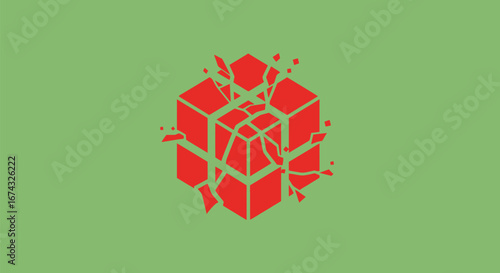 Isometric red cube exploding into many fragments.