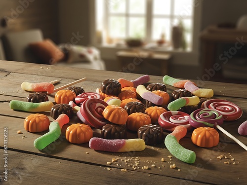 Pile of colorful halloween candy and treats on a rustic wooden table