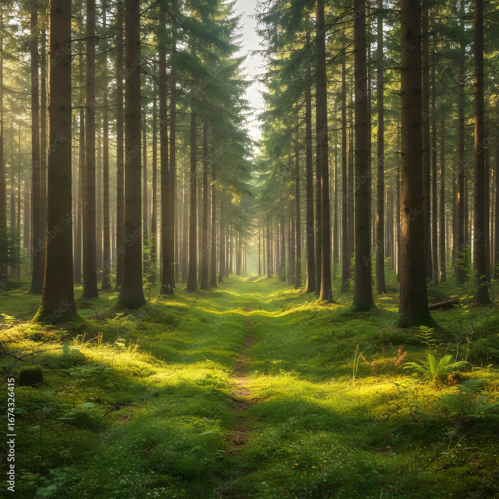 Obraz premium Serene Forest Path with Sunlight and Green Moss