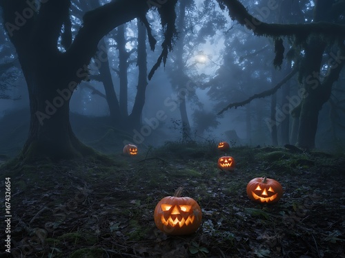 Spooky halloween pumpkins glowing in a dark foggy forest at night